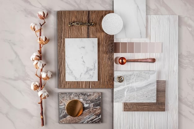 A mood board featuring various elements for a spa-like bathroom, including color swatches, tile samples, lighting ideas, and accessory inspiration.