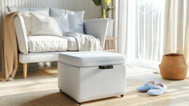 A stylish, multi-functional ottoman with the top lifted to reveal storage space filled with neatly folded blankets and pillows. The ottoman is placed in a cozy living room setting.