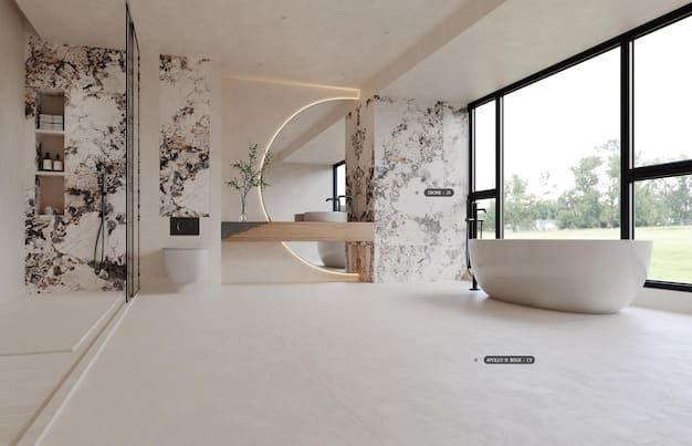 A modern bathroom featuring sleek, light-colored porcelain tile flooring. The tiles are large format, creating a seamless and sophisticated look. The bathroom also includes a glass-enclosed shower and contemporary fixtures, highlighting the tile's elegance.