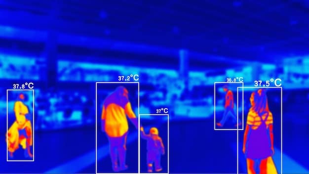 A close-up shot of a thermal imaging camera displaying temperature variations around a window frame, highlighting a significant air leak with contrasting colors indicating different temperatures. The image should have a clear focus on the thermal variations.