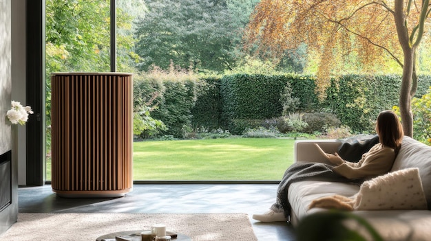 A modern living room with a large open window showing a garden. Minimalistic furniture allows natural light to flood the space, complemented by light wooden floors.