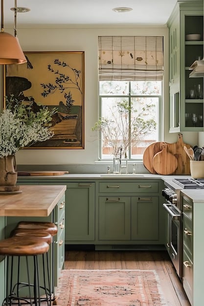 A kitchen painted in a muted olive green, with natural wood cabinets and copper accents. The space feels organic and inviting.
