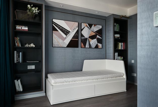 A small studio apartment with a sofa bed, a coffee table with storage, and floating shelves, showcasing multi-functional and space-saving solutions.