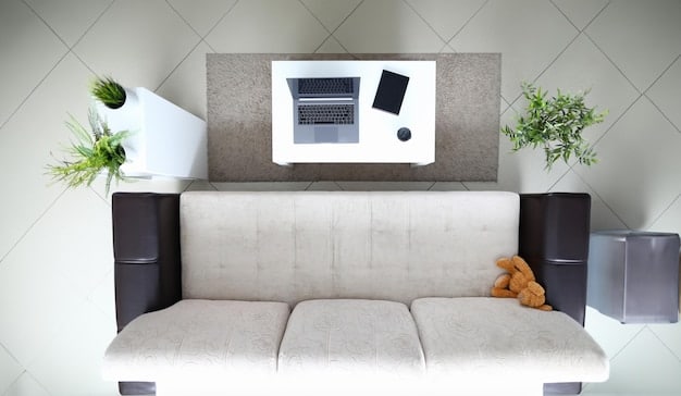 A photograph showcasing a small apartment living room with floating furniture arrangement. The sofa is slightly pulled away from the wall, creating a pathway behind it. A rug defines the seating area, and a coffee table is positioned in the center.
