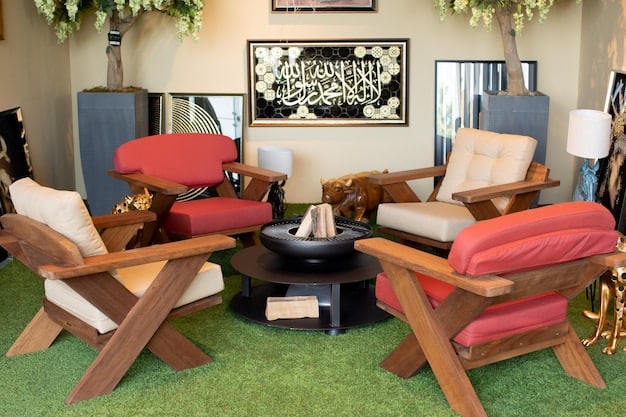 A living room featuring bulky dark wood furniture, including an entertainment center, sofas and a coffee table, against light beige walls. The contrast is unflattering, contributing to an outdated feel of the room.