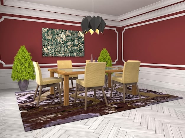 A dining room with a rectangular dining table and chairs. The rug is large enough to accommodate all chairs, even when pulled out, ensuring a cohesive and functional space. The rug's design complements the room's color scheme.