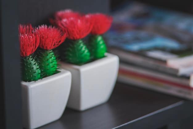 A close-up shot of various potted plants arranged on a bookshelf in a home office, showcasing different textures and shades of green, with sunlight streaming in through a nearby window, emphasizing the natural and calming atmosphere.