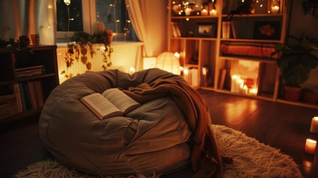 A cozy reading nook with a plush armchair, a warm throw blanket, soft lighting from a floor lamp, and bookshelves filled with colorful books, creating an inviting and comfortable space.