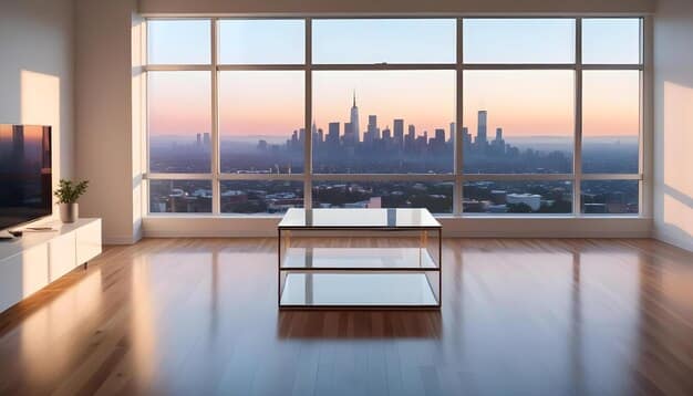 A modern minimalist living room with a large window overlooking a city skyline, a simple gray sofa, a glass coffee table, and a few carefully selected accessories, such as a single plant and a piece of abstract art.