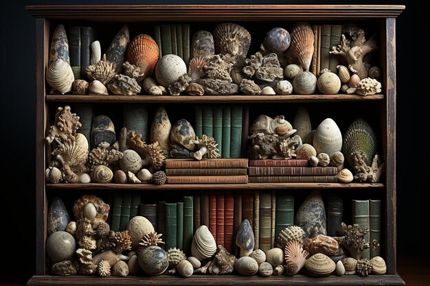 A detailed shot of a bookshelf featuring a mix of books, sculptural objects, and framed photographs. There is a small vintage camera and antique brass telescope. The photograph highlights the textures and vintage/old-world charm of the items on the shelf.