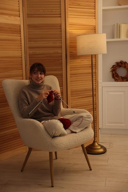 A cozy reading nook with a stylish floor lamp, a comfortable armchair, and a small side table. The room is decorated with affordable accessories and has a warm and inviting atmosphere.