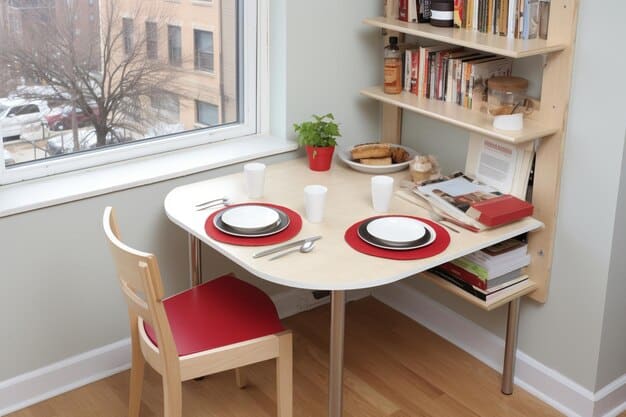 A compact dining area in a small apartment featuring a drop-leaf table that can be folded down when not in use and stackable chairs neatly arranged against the wall. The table is set for two, with minimalist decor enhancing the space-saving design.