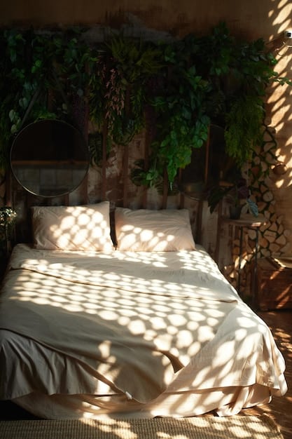 A sunlit bedroom with large windows overlooking a lush garden. The room features potted plants, a natural wood bed frame, and organic cotton bedding in earth tones.