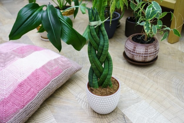 A well-lit living room featuring a variety of indoor plants, including a snake plant, a fiddle leaf fig, and several smaller potted plants on shelves and tables, creating a fresh and natural atmosphere.