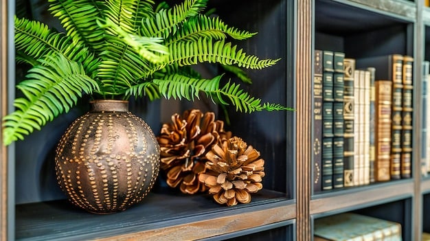A close-up of a curated bookshelf featuring a mix of books, plants, and decorative objects. The arrangement is asymmetrical and visually appealing, reflecting the owner's personality and interests. A small framed photo adds a personal touch.