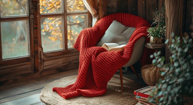 A cozy reading nook with a comfortable armchair, a soft throw blanket, and a floor lamp. A small side table holds a cup of tea and a stack of books. The walls are painted in a calming shade of blue, and a potted plant adds a touch of nature to the space.