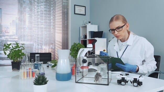 A lab technician working on a soil sample analysis in a laboratory setting, with various testing equipment and monitors visible in the background.