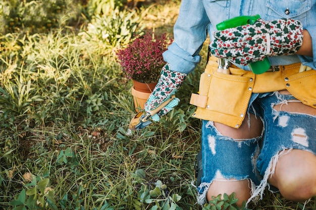 A gardener carefully mulching around newly planted native flower seedlings. The mulch is evenly spread, and the seedlings are healthy and green.