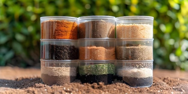 A side view of different soil types (sandy, loamy, and clayey) in clear containers, with water poured on top. The water should drain quickly through the sandy soil, moderately through the loamy soil, and very slowly through the clayey soil, clearly illustrating drainage differences.