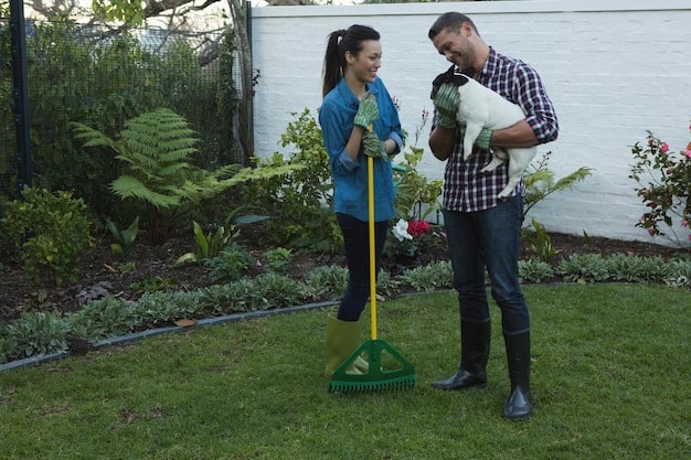 A gardener spreading compost over a garden bed, with before-and-after shots showing the improvement in soil texture and overall appearance. The 